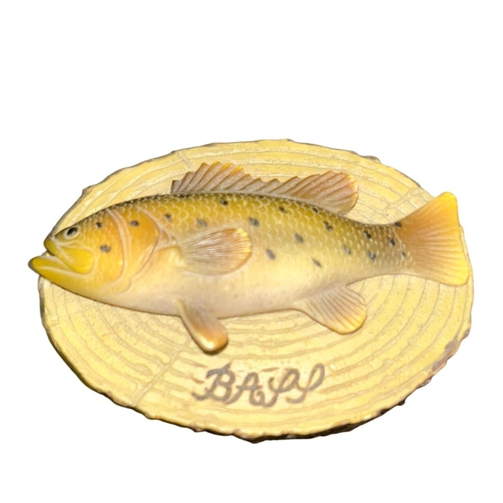 Dezine Bass Fish Trinket Box Hand Painted Resin Faux Wood Slice Cabin Decor‎ 3in